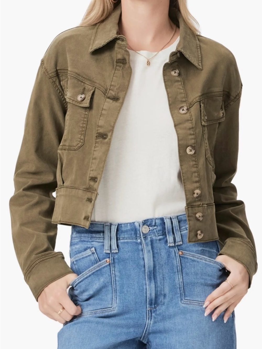 PAIGE Olive Cropped Utility Jean Jacket